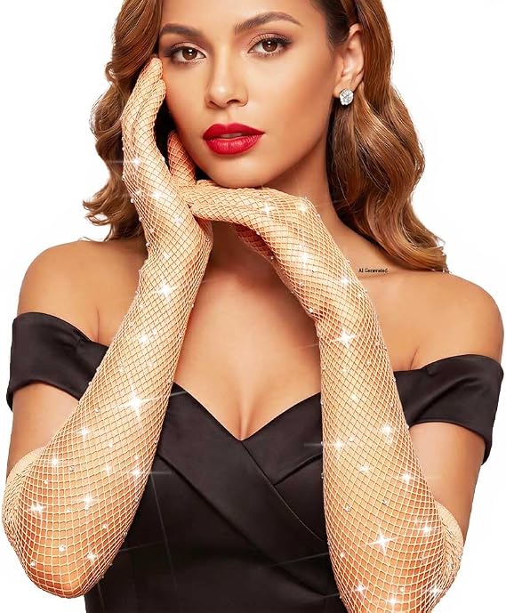 Mesh Rhinestone Long Gloves Sparkly Costume Gloves for Women