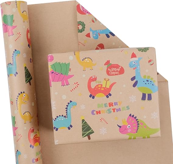 Aimyoo Dinosaur Kraft Christmas Wrapping Paper Roll, Merry Christmas Snowflakes Xmas Gift Wrap Paper 17 inch x 32 feet