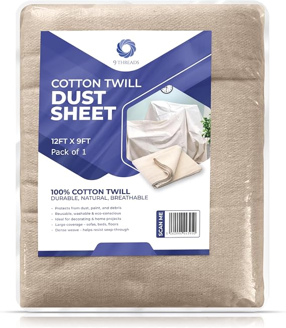 Cotton Dust Sheets 12'x9'| Heavy-Duty Cotton Twill Drop Cloths | Washable & Reusable for Decorating, Furniture & Floor Protection(Cotton Twill Pack of 1)