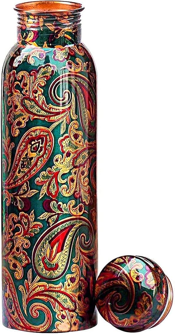 Copper Water Bottle – Leakproof Ayurvedic Tamba Bottle for Drinking Water, BPA-Free Copper Vessel for Health Benefits, Joint-Free Durable Bottle for Home, Office (34 Oz) (Printed Plain)