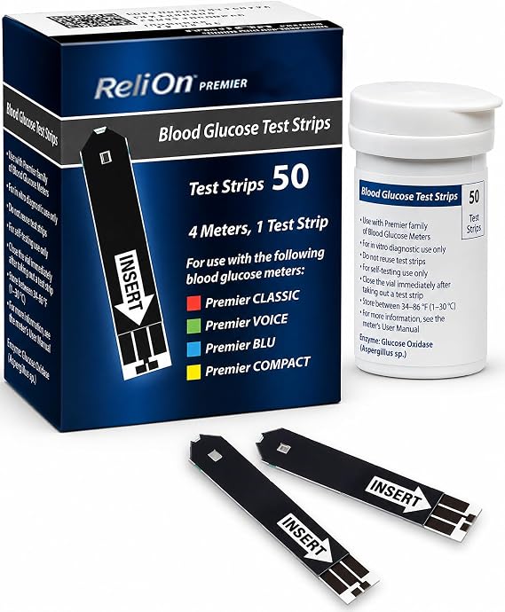 Blood Glucose Test Strips | 50 Count | Diabetic Supplies for Glucose Monitor | Accurate Blood Glucose Monitoring | Tiras para Medir la Glucosa | Compatible with ReliOn Premier Meters