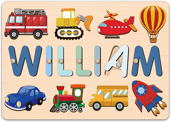 OELTTG Name Puzzle for Kids Personalized, 1st Birthday Girl and Boy, Custom Baby Easter Gifts with Engraved Text on Back, Montessori Learning Toys for Boy & Girl (Blue Gradient)
