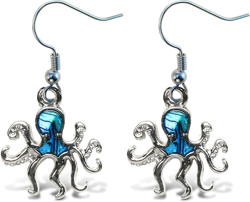 Aqua79 Octopus Earrings - Elegant New Zealand Blue Paua Shell Jewelry-1.25" | Shark jewelry for women, statement earrings, Unique Earrings, Shark Charm, Elegant Ocean Life Animal Blue Earrings Gift