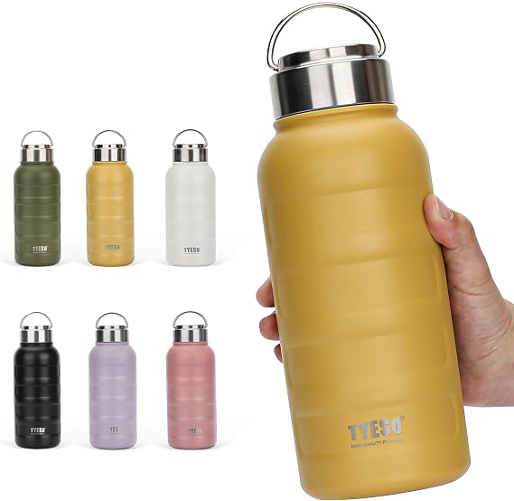 TYESO Water Bottle, Thermos, Mug Bottle, Vacuum-insulated, Sports Bottle, Direct Drinking, Stainless Steel, Double Layer, Wide Mouth, With Handle, For Adults and Kids, 0.75 / 1 Liter 750 ml, Yellow
