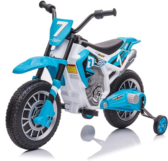 12V Ride On Motorcycle with Training Wheels for Kids, Blue
