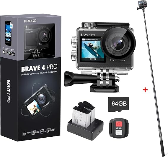 AKASO Brave 4 Pro Action Camera with 64GB MicroSDXC Memory Card and 1.2M Selfie Stick and a Tripod Bundle