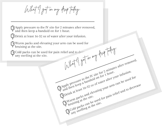 IV Intravenous Therapy Patient Information Cards | 50 Pack | 2x3.5" inch Business Size Card | Drip Vitamin IV Supplies | What I Got In My Drip | White Design