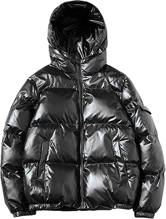Men's Solid Color Metallic Jackets with Hood Full Zip Down Alternative Padded Coat Winter Quilted Puffer Jacket (Black,Large)