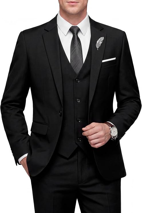 WULFUL Men's Slim Fit 3 Piece Suit, One Button Solid Blazer Business Party Jacket Vest Pants Set