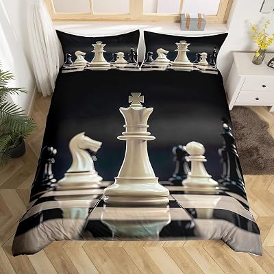 Feelyou International Chess Bedding Set Geometric Grid Duvet Cover for Kids Boys Girls Cool Games Comforter Cover Ultra Soft Bedspread 1 Duvet with 2 Pillowcases Queen Size No Comforter