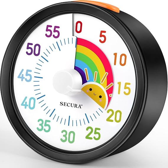 Secura 60-Minute Visual Timer, Rainbow Classroom Timers for Kids | Mute/Low/Loud Volume, 3S/30S Ringtone Duration, Low Power Reminder, Time Management Tool with Pause Function (Black & Sun)