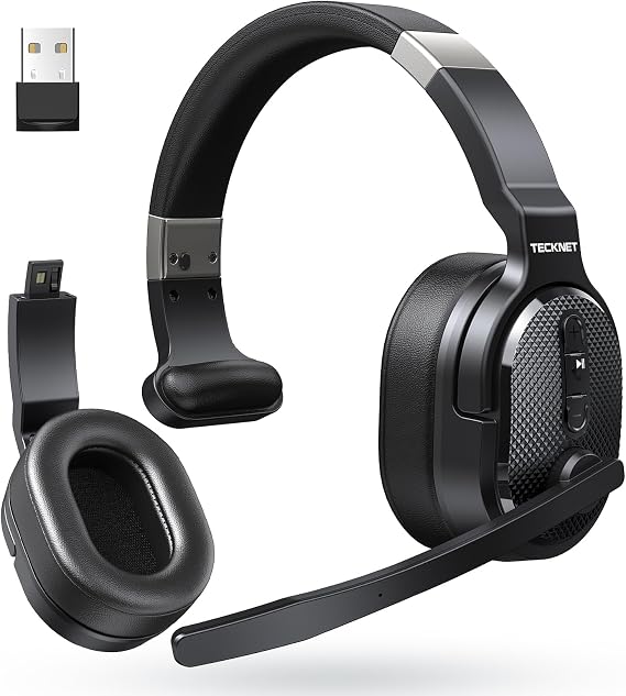 TECKNET Bluetooth Trucker Wireless Headset, Noise Cancelling Mic for Work | Single & Dual Ear, 50Hrs Battery, 3 EQ Music Modes, Clear Mic Wireless Headset for PC, Truck Drivers, Office & Call Center