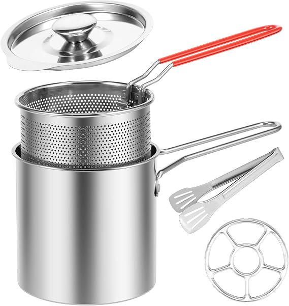 Small Deep Fryer Pot with Basket and Lid, 304 Stainless Steel Frying Pot,Japanese Tempura Deep Fryer Pot for Frying Fish Shrimp Chicken and Fries (5-piece set)