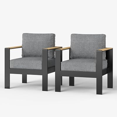 LayinSun Outdoor Patio Furniture Aluminum Armchair, All-Weather Metal Chair with 5 Thick Cushions for Porch, Balcony