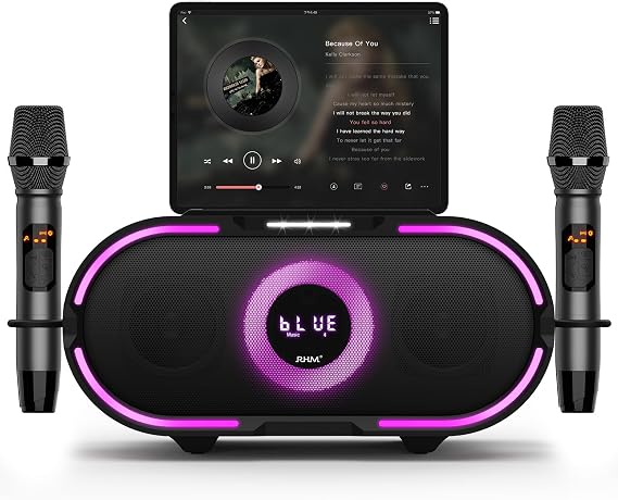 RHM K666PLUS Karaoke Machine with 2 Wireless Mics & Beat-Sync LED Lights, 60W Rich Stereo Sound, Voice Beautifier, 7 Hours Playtime, Bluetooth/AUX/USB/PC Connection, for Indoor & Outdoor Parties
