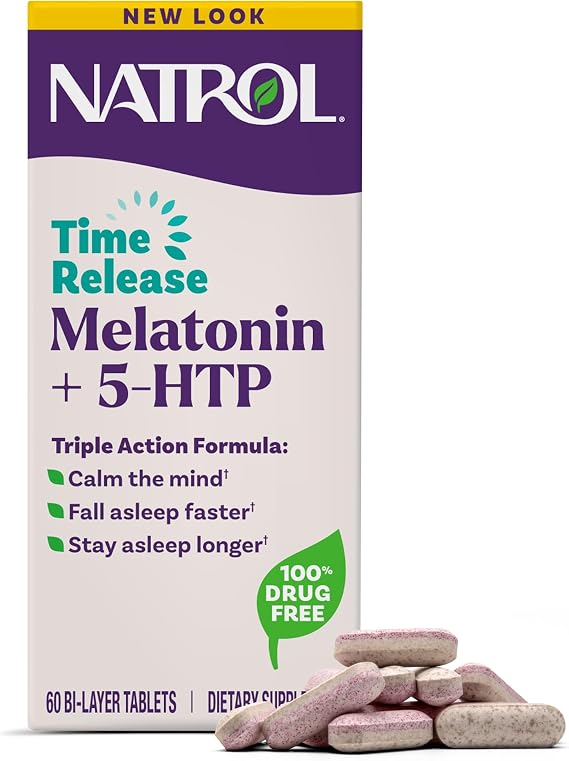 Natrol Melatonin + 5-HTP Time Release Melatonin Sleep Aid, Triple Action Formula, Calm the Mind, Fall Asleep Faster and Stay Asleep Longer, 60 Bi-Layer Tablets, Up to a 60 Day Supply