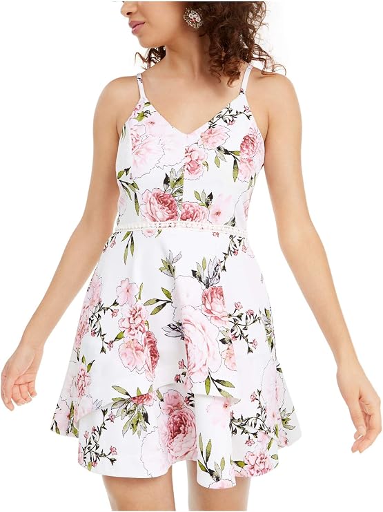 Speechless Womens V Neck Short Fit + Flare Dress