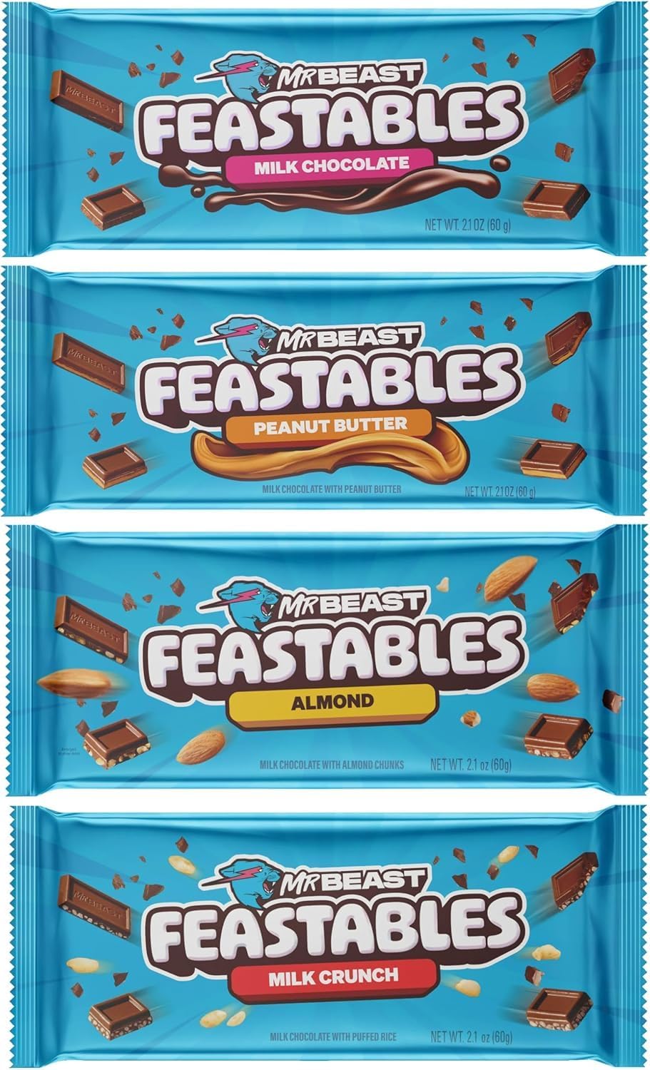 Mr Beast Feastables Chocolate Bar Variety Pack – 4x60g Milk Chocolate, Almond, Milk Crunch, Peanut Butter