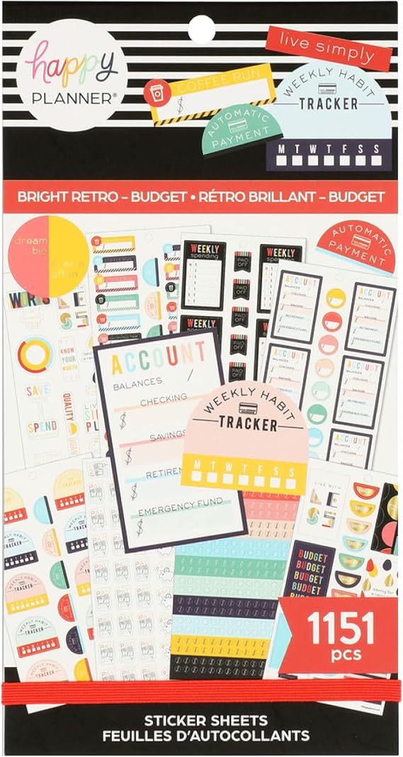The Happy Planner Sticker Pack for Calendars, Journals and Projects Multi-Color, Easy Peel Scrapbook Accessories Bright Retro Budget Theme 30 Sheets, 1151 Stickers Total