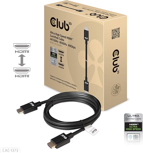 Club3D HDMI 2.1 4K120Hz 8K60Hz 48Gbps Male/Male 3m 26AWG Ultra High Speed Cable Ultra High Speed Certified Cable CAC-1373