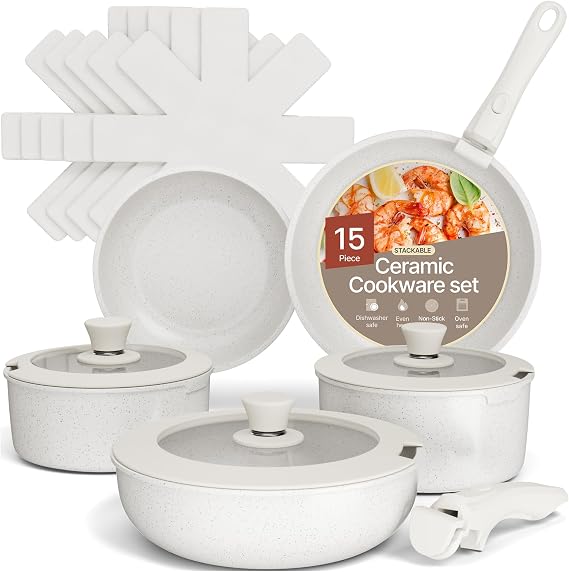 Bakken 15-Piece Non-Stick Cookware Set with Detachable Handles Granite Stackable Pots and Pans Set, Dishwasher Safe, Oven-Safe, and Compatible Kitchen Essential for All Stoves Cream