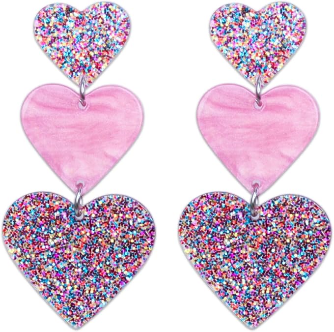 Heart Earrings BlingBling Dangle Earrings Acrylic Cute Hot Pink Red Rave Earrings Love Heart Shaped Earring For Women Gift