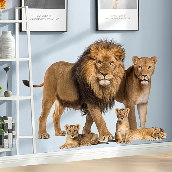 Lifelike Lion Wall Decals Peel and Stick 3D Jungle Wild Animal Wall Sticker Tropical Lion Family Wall Mural Removable Wall Decor for Bedroom Living Room Club Party ZC96392001
