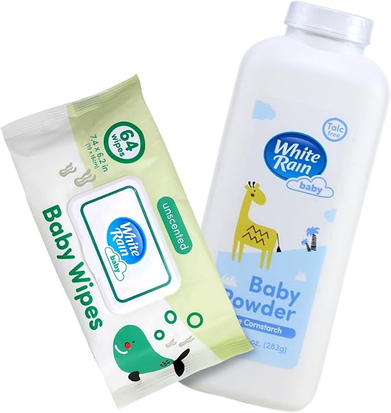 White Rain Pure Cornstarch Baby Powder Talc Free and Baby Wipes Unscented Bundle, 4 Packs of 64 Wet Wipes and 20 oz Powder, Hypoallergenic with Vitamin E, Gentle Care Essentials for Sensitive Skin