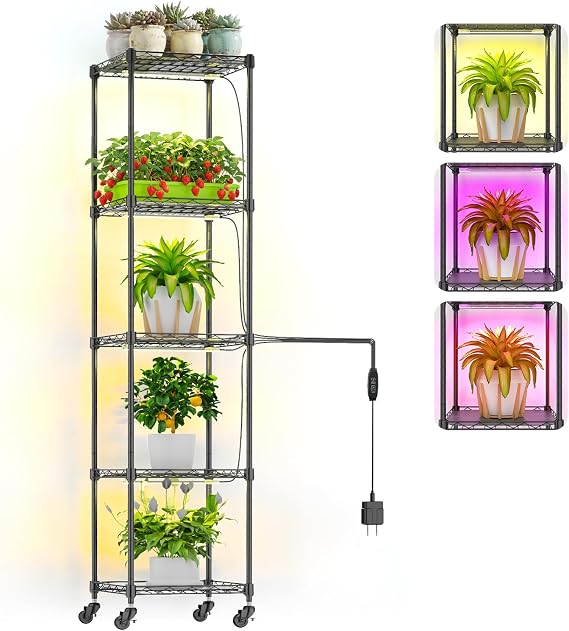 Plant Stand with Grow Lights, Shelf Height Adjustable Metal Plant Shelf