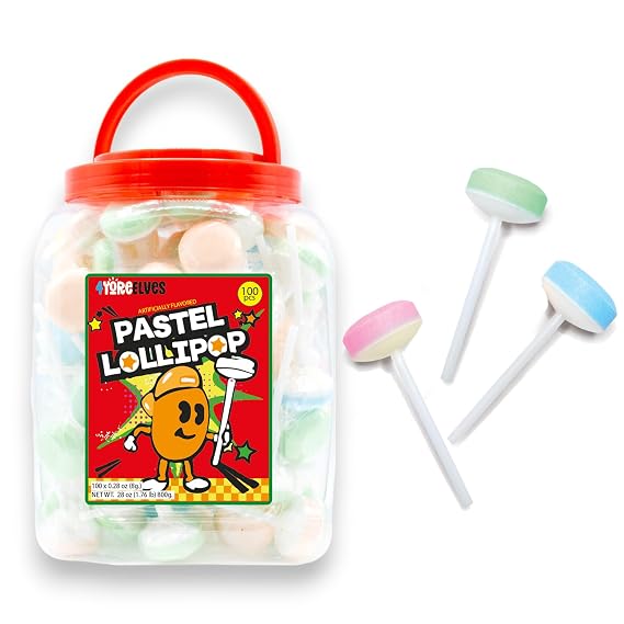 Double Lollies, 1.7 lb of Bulk Fruit-Flavored Lollipops Individually Wrapped, Perfect for Summer Parties, Goody Bags and Sharing, Vintage Pastel Candy Bulk Tub of 100 Lollies, By 4YoreElves