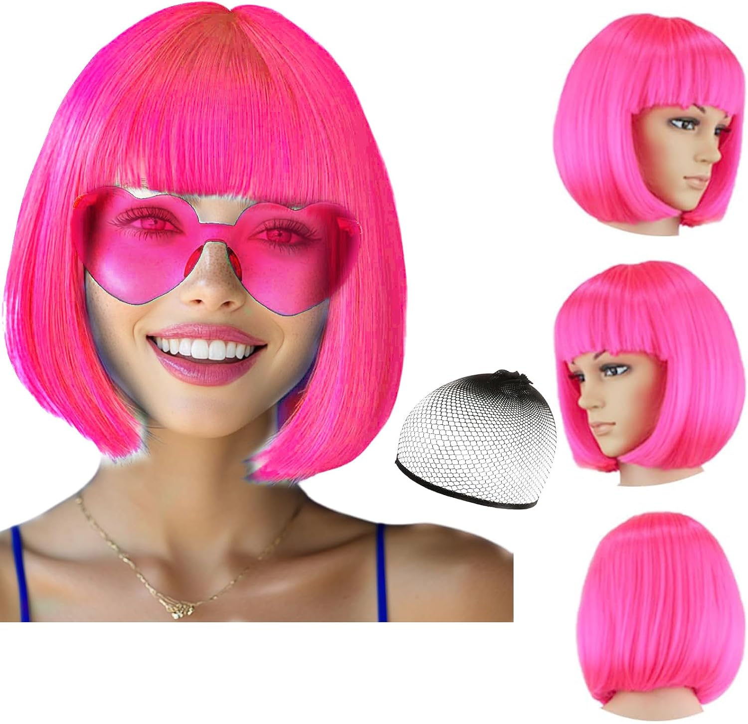 Party Wigs Wig Cap and Sunglass Set,Short Bob Hair Wigs Straight with Flat Bangs Synthetic Colorful Cosplay Daily Party Neon Wig for Women pink