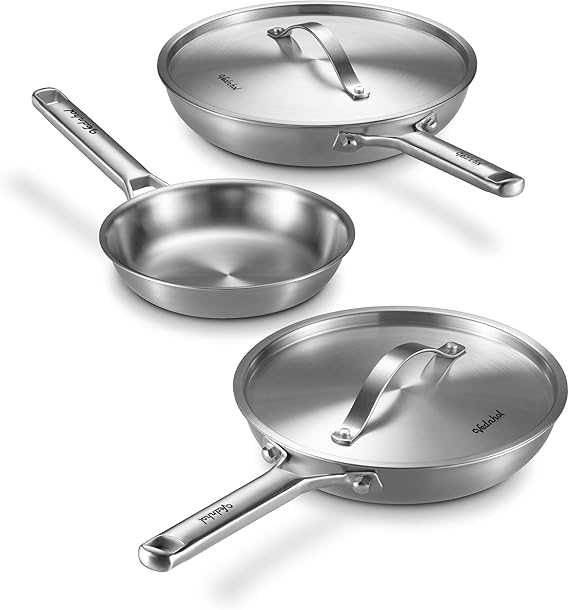 Stainless Steel Frying Pan Set with Lids 8+10+12 Inch,Tri-Ply Stainless Steel Skillets,Brushed Steel Pans with Stainless Steel Lids,Oven&Dishwasher Safe,Induction Compatible