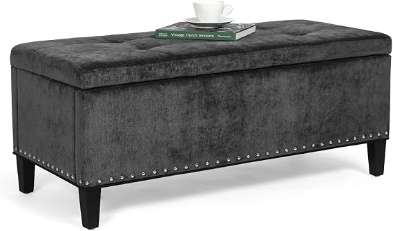 Adeco Rectangular Storage Ottoman Tufted Bench Footstool with Sturdy Legs (Dark Grey-2)