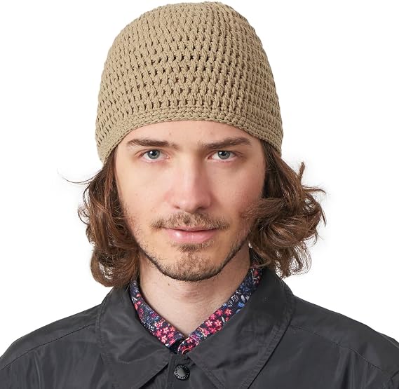 CHARM Mens Cotton Beanie Skull Cap | Crochet Kufi, Prayer Hat, Knit, Sensitive Skin, Chemo