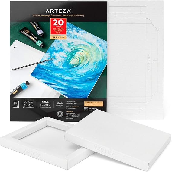 ARTEZA Acrylic Art Paper Foldable Canvas Pad, 7x8.6 Inches, 20 Sheets, DIY Frame