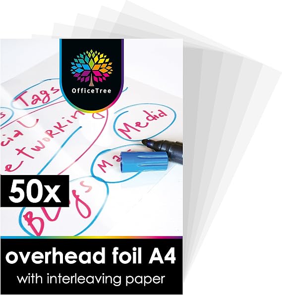 OfficeTree 50 Acetate Sheets A4 - Laser Printer Transparency Film A4 - Overhead Projector Sheets - for Optimal Printing and Projection Quality - OHP Transparency Sheets