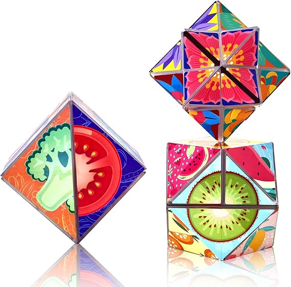 ROXENDA Starry Sky Magic Cube Infinity Set Pack of 3 2-in-1 Infinite Cube 3D Puzzle Cube Transformational Puzzle Toys for Children Shape-Changing Fidget (Glowing Series)