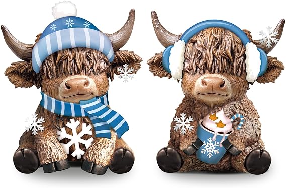 Karenhi 2 Pcs Highland Cow Figurines Resin Winter Decor for Tabletop