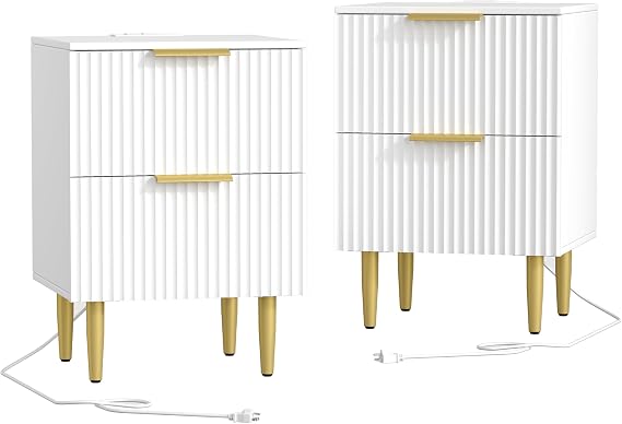 Akxomel Fluted Nightstand Set 2 Bedside Table with Charging Station White