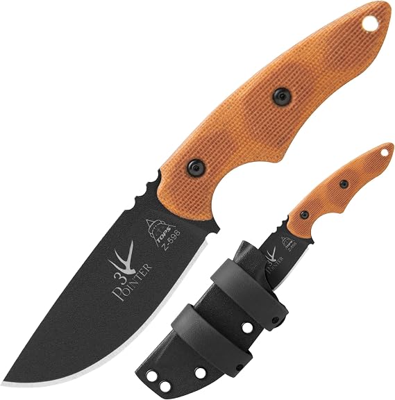 Tops Knives TP3PR02: 3 Pointer Tan Canvas Micarta Fixed blade - Black Kydex/Belt Loop Sheath