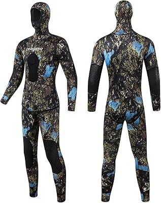 WYYHAA 7MM Neoprene Spearfishing Wetsuit with Hooded, 2 Pieces Camouflage Hunting Diving Suit Color Can Change with The Environment for Cool Water Freediving Snorkeling