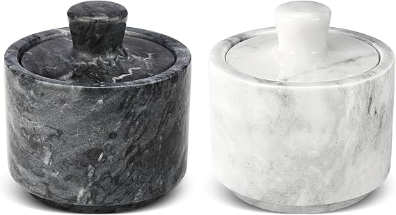 Flexzion Marble Salt Cellar with Lid, Pepper Holder for Counter, 2 Pack | 4.2 X 3.9 X 2.9-Inch Marble Salt Box for Spices, Herbs, Sugar, Tea or Coffee Beans; Also Stores Jewelry and Office Supplies