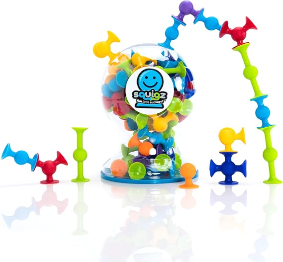 Fat Brain Toys Squigz Deluxe Set - 50-Piece Suction Construction Toys, Suction Bath Toys, Sensory Toys for Kids 3 and Up