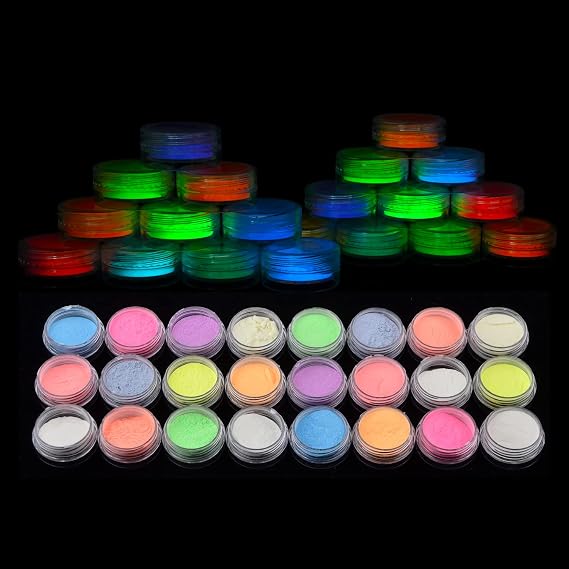 Glow in The Dark Pigment Powder, 24 Jars Luminous Powder for Nail Art, Resin Craft, Acrylic Painting, Ink Non-Toxic Craft Supply