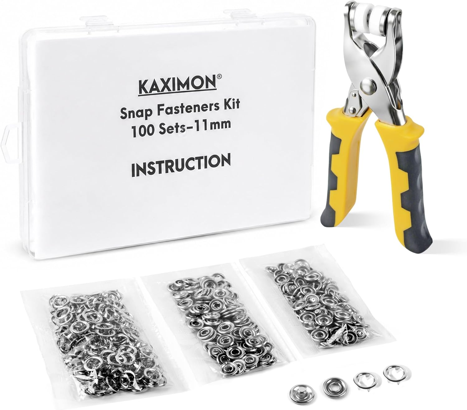KAXIMON 100 Sets Press Studs Snap Fasteners Kit, 11mm Fabric Clothes Poppers Fasteners Tool with Pliers, No Sewing Snap Button Fastener Kit Rust Proof for Fabric Clothing, Bags, DIY Crafts
