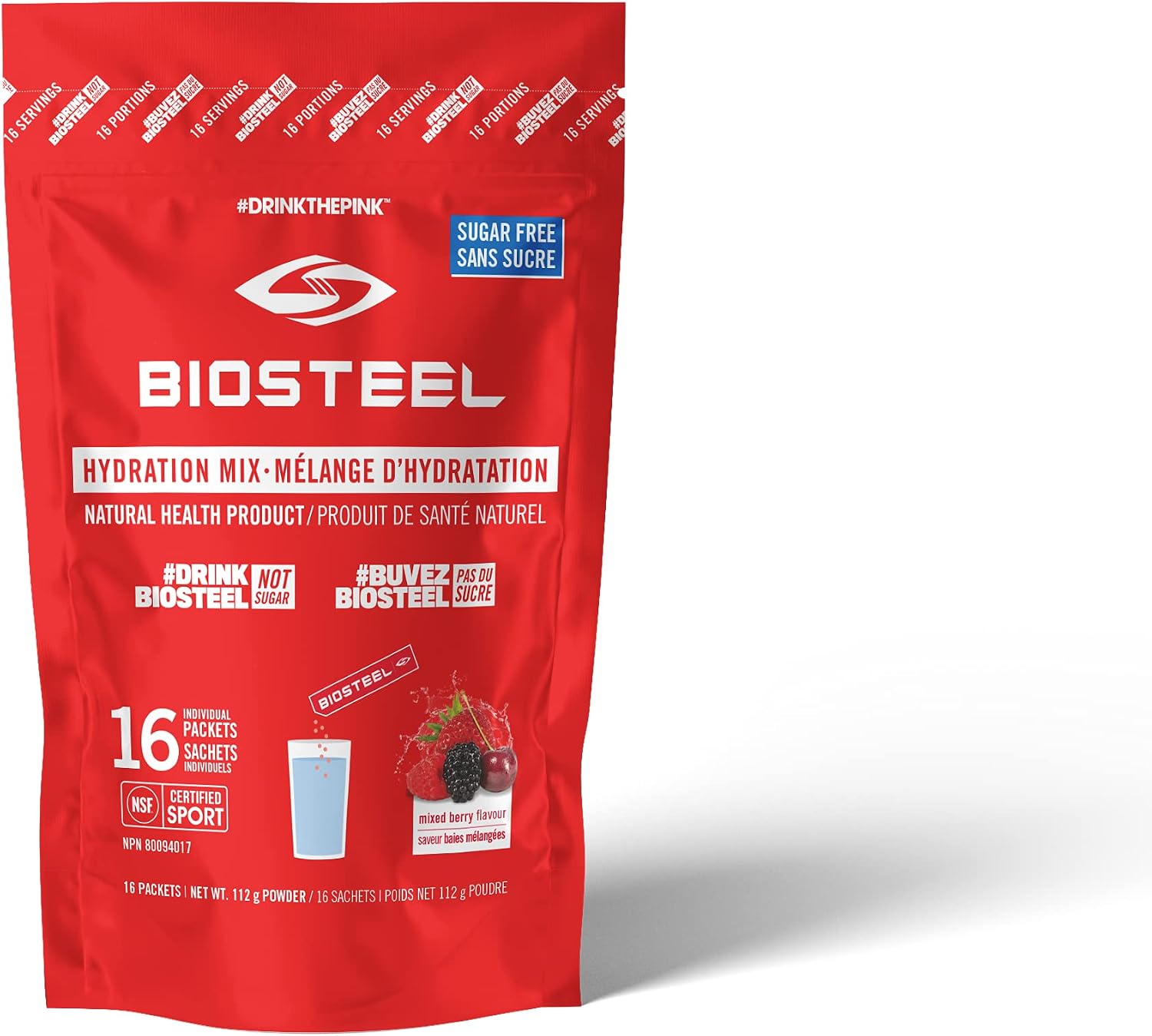 BIOSTEEL Hydration Mix, Sugar-Free with Essential Electrolytes, Mixed Berry, 16 Single Serving Packets