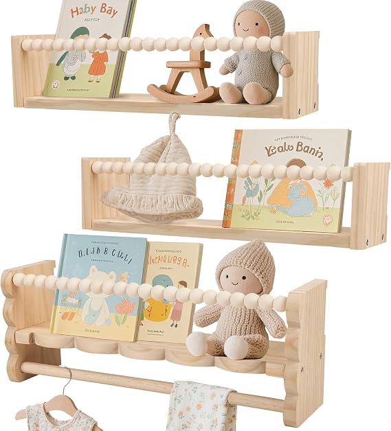 Nursery Shelves for Wall, 40cm Wooden Floating Book Shelves Set of 3, Wall Mounted Kids Book Shelf with Hanging Rail, Baby Nursery Decor Toy Display