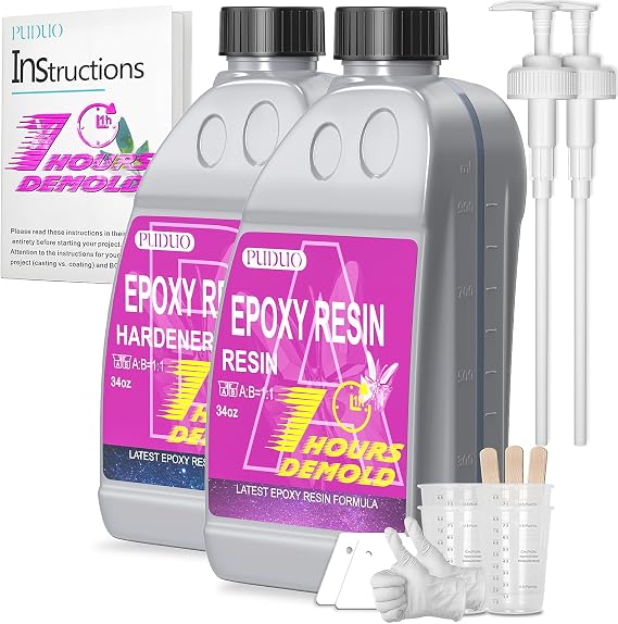 Puduo Fast Cure Epoxy Resin 68OZ, 1 Hour Quick Demold Epoxy Resin Kit | Crystal Clear, Strong, Anti-Yellowing Art Resin, Suitable for Casting, DIY, Resin Art, Molds, Jewelry, Easy to Mix 1:1 Ratio