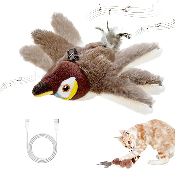 Fly Bird Cat Toy,Interactive Chirping Bird Cat Toy, Brown
