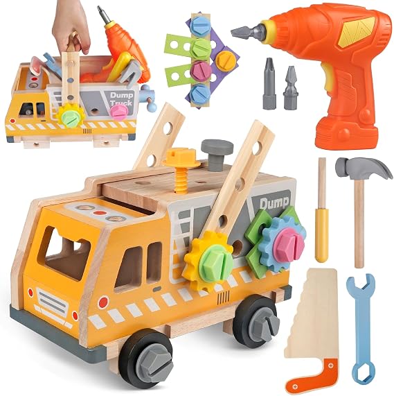 38-Piece Wooden Toddler Tool Set with Toy Drill and Truck Toolbox, Ages 3+ | Multifunctional Wooden Truck Tool, Fine Motor Skills, Storage Case, Montessori STEM Learning, Birthday Gift for Boys Girls